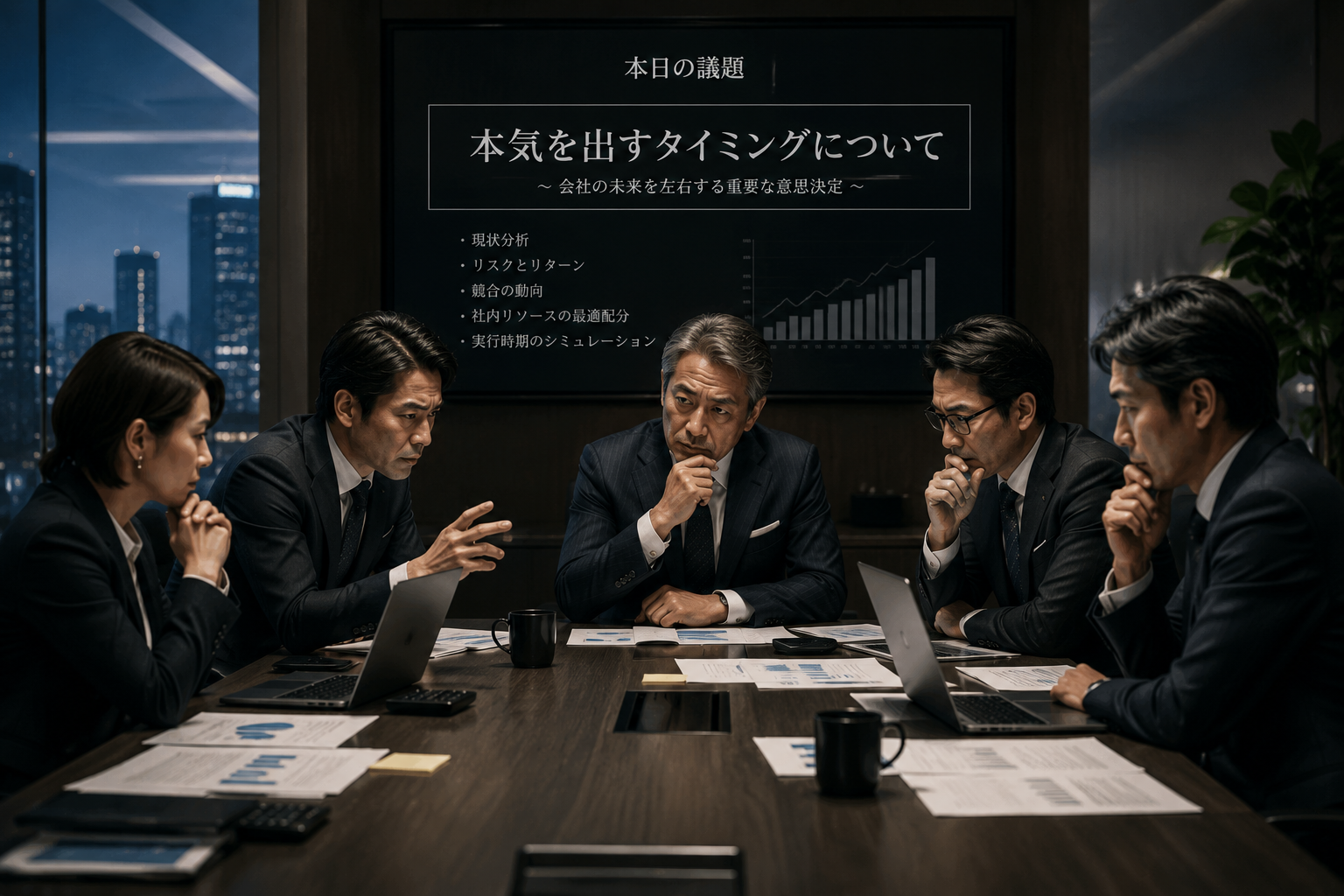 本気を出すタイミングについて真剣に議論する役員陣